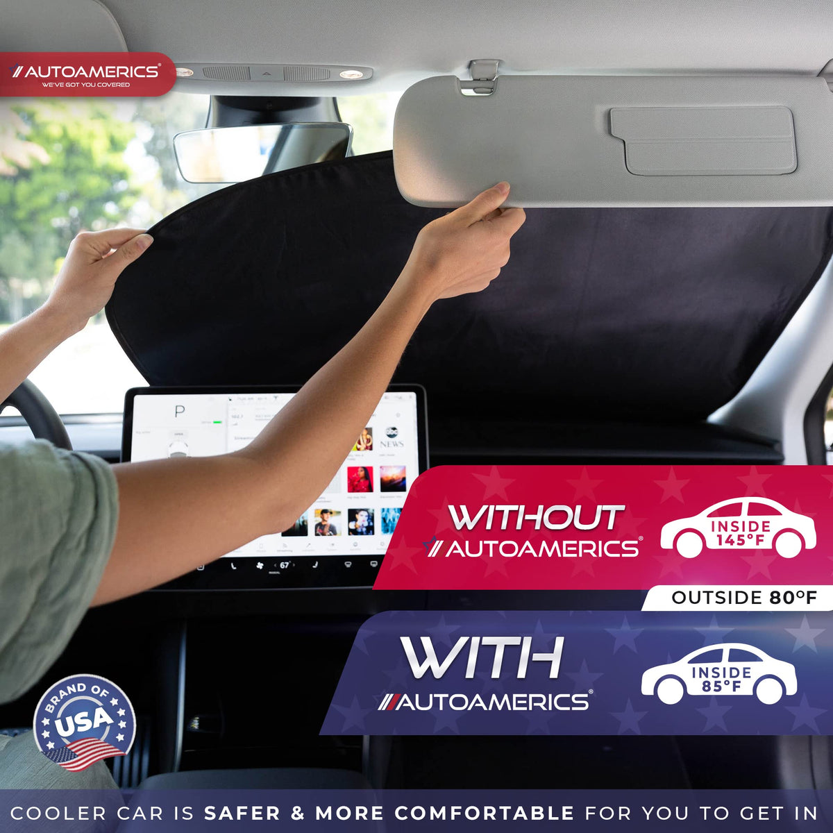 AUTOAMERICS size comparison with ruler showing medium fit and easy selection benefit