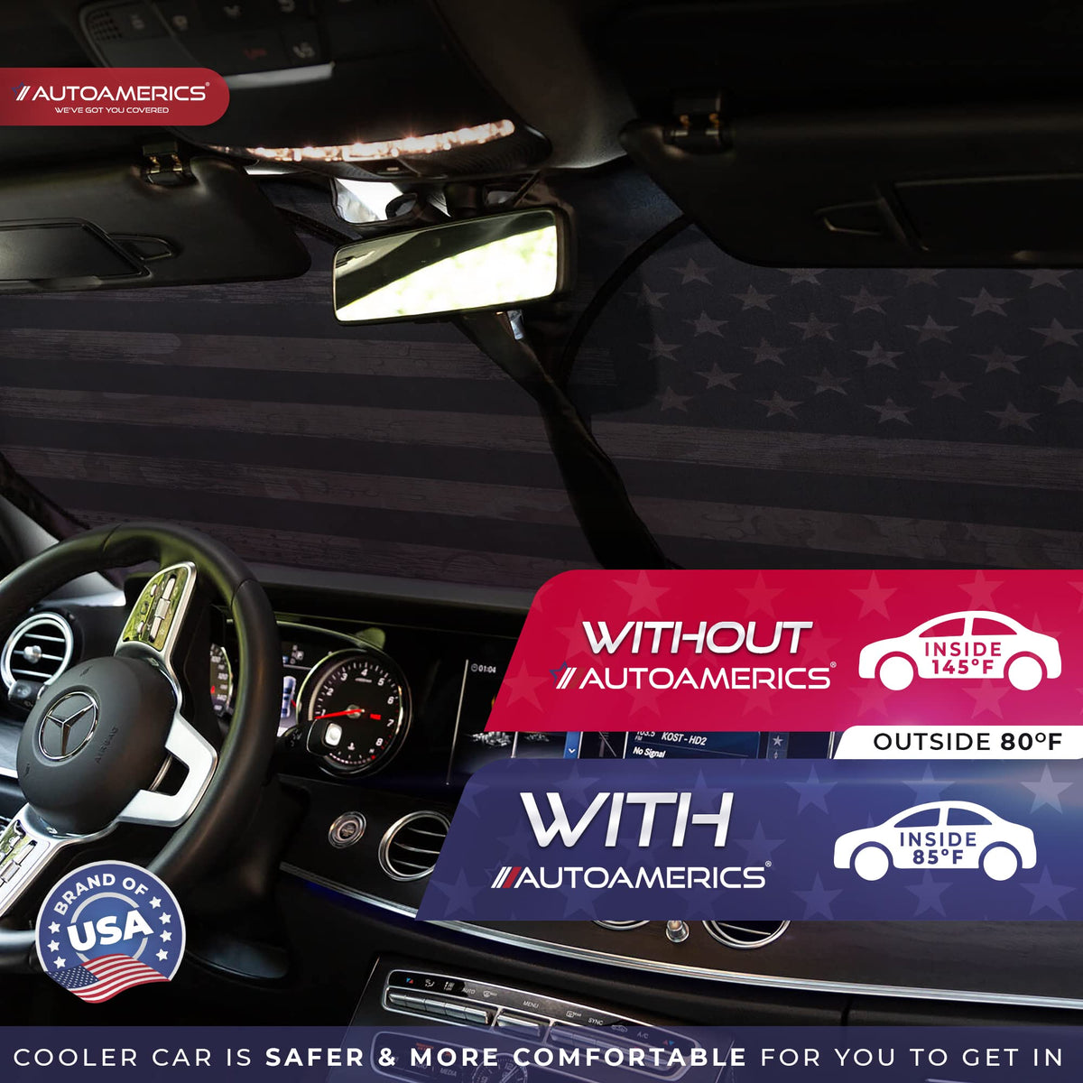 Autoamerics size comparison with steering wheel showing XL fit for large vehicles