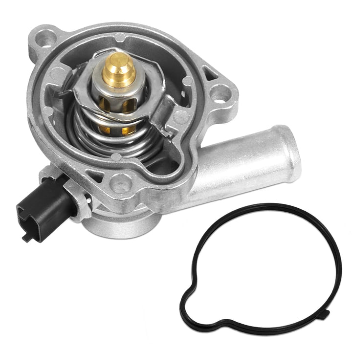 AUTOBABA front view of aluminum thermostat housing showing complete assembly and durability benefit