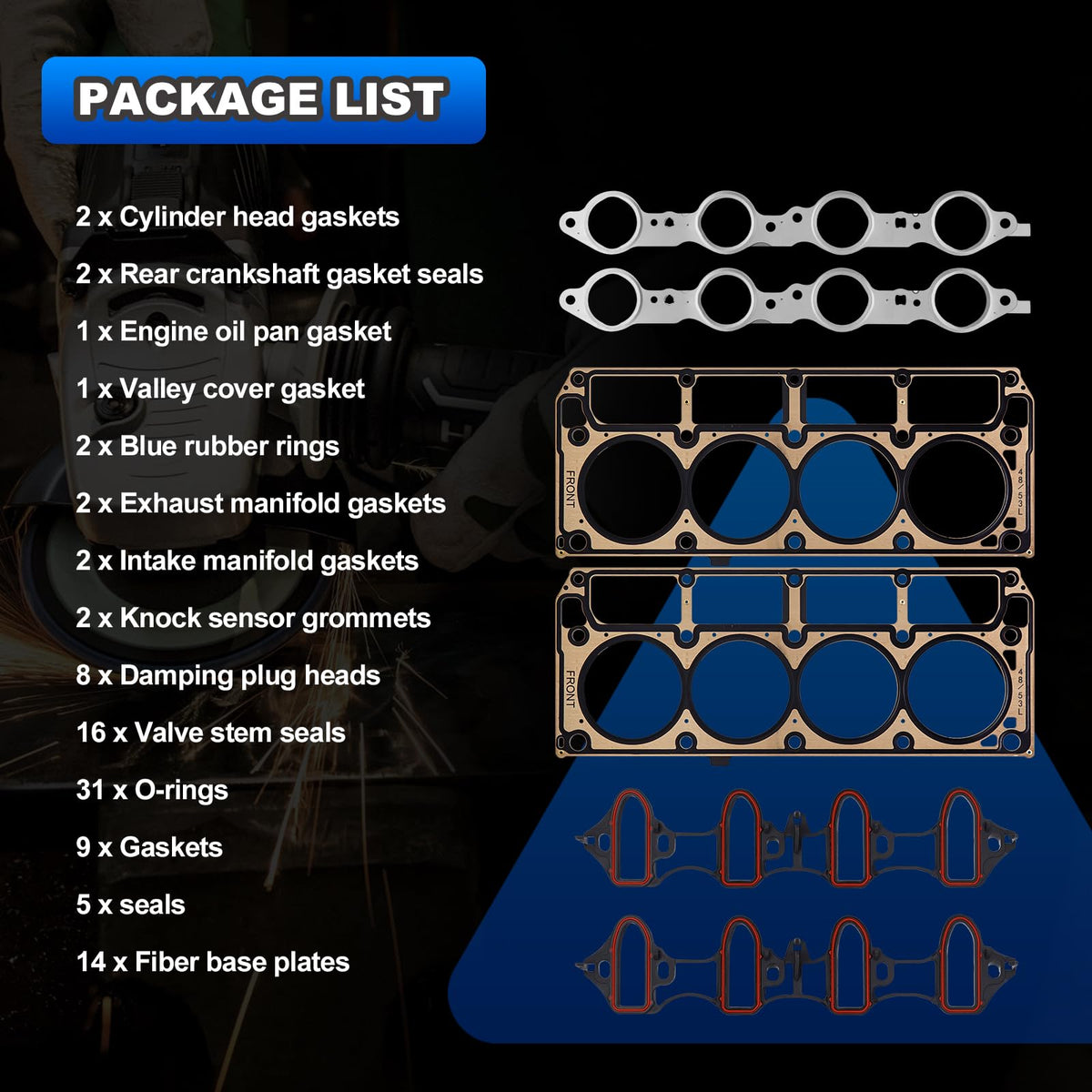 AUTOBABA valley cover and oil pan gaskets displayed for complete top-end repair