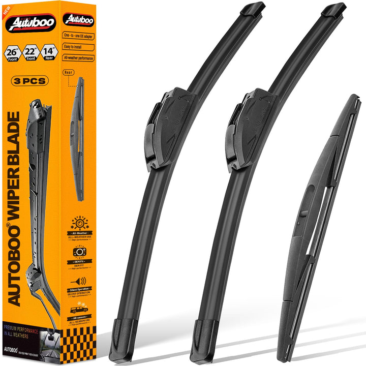 AUTOBOO front packaging showing three-blade kit and OEM fit benefits
