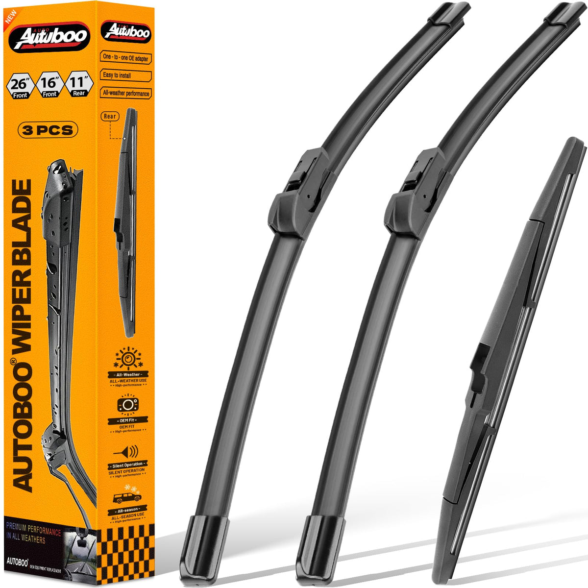 AUTOBOO front left blade packaging showing sizes and fitment benefits
