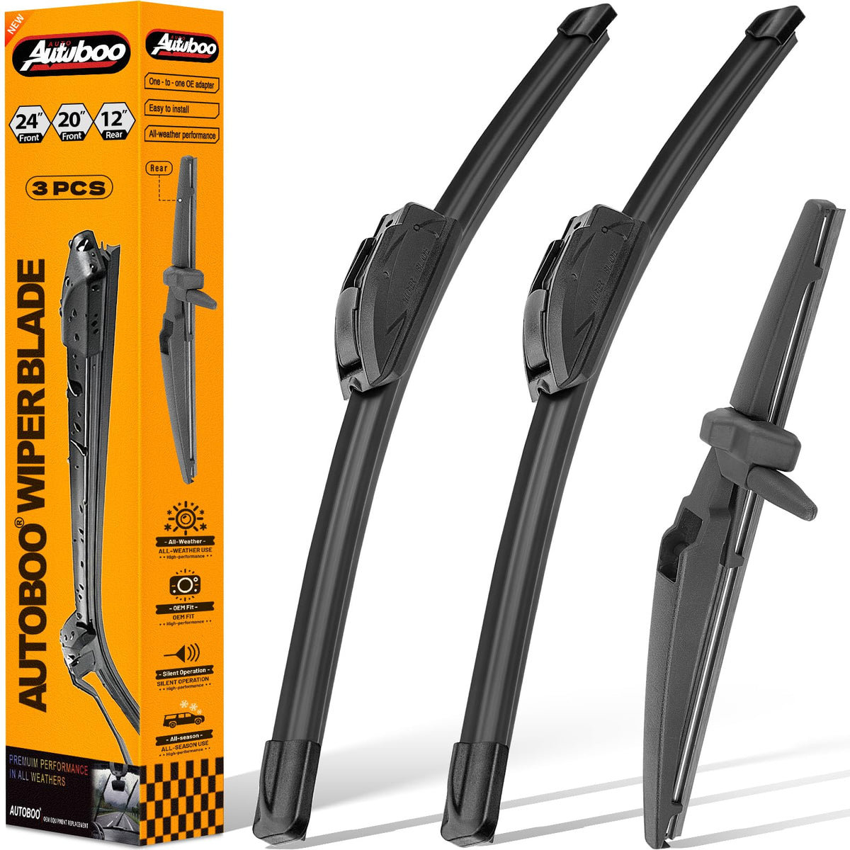 AUTOBOO front packaging showing complete 3-blade set and fitment information