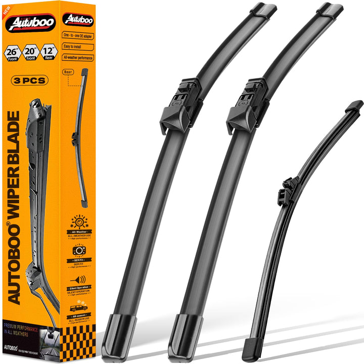 AUTOBOO front packaging showing full 3-blade kit and fit for BMW X3/X4