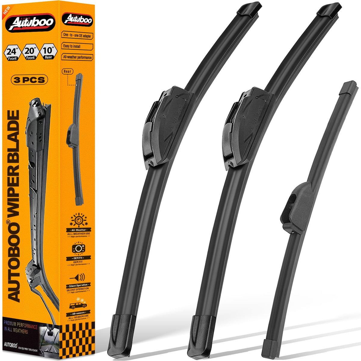 AUTOBOO front packaging showing full wiper set and clear labeling benefit