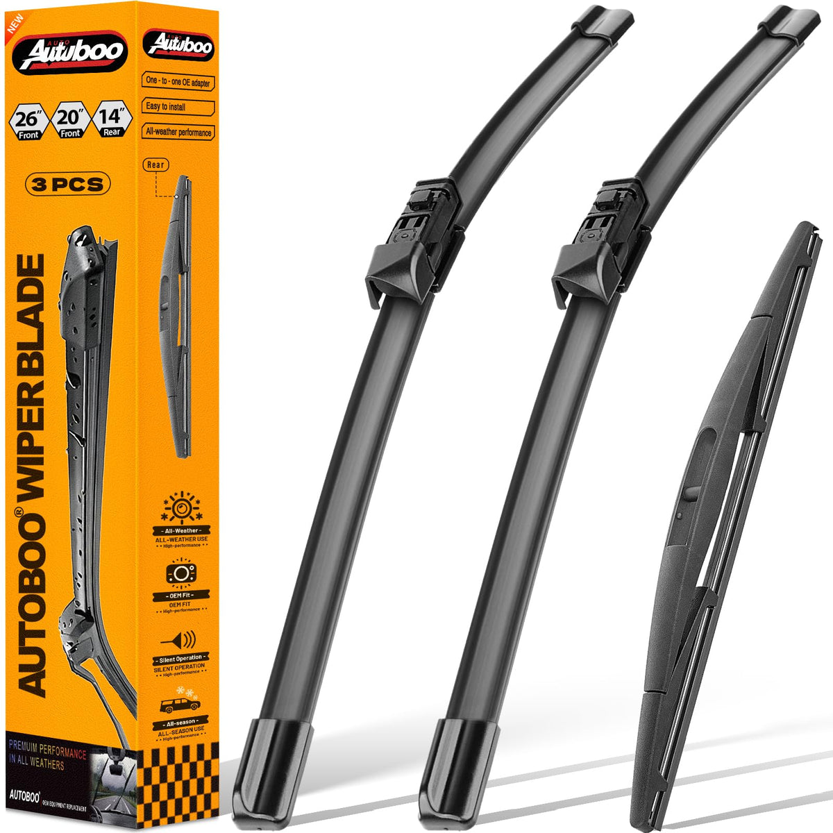 AUTOBOO front packaging showing Ascent 3-piece wiper kit and easy install benefit
