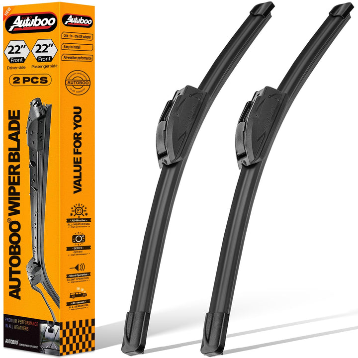 AUTOBOO front packaging showing wiper blade pair and list of benefits