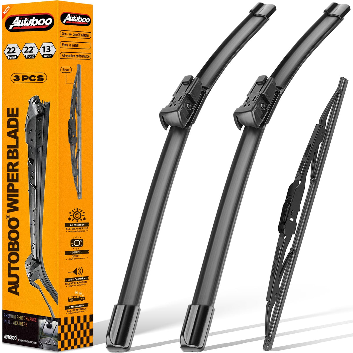 AUTOBOO front packaging showing full three‑blade replacement set for quick identification