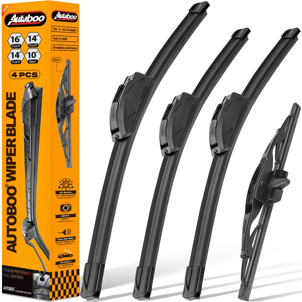 AUTOBOO front packaging showing full four-blade kit and fit details for easy identification