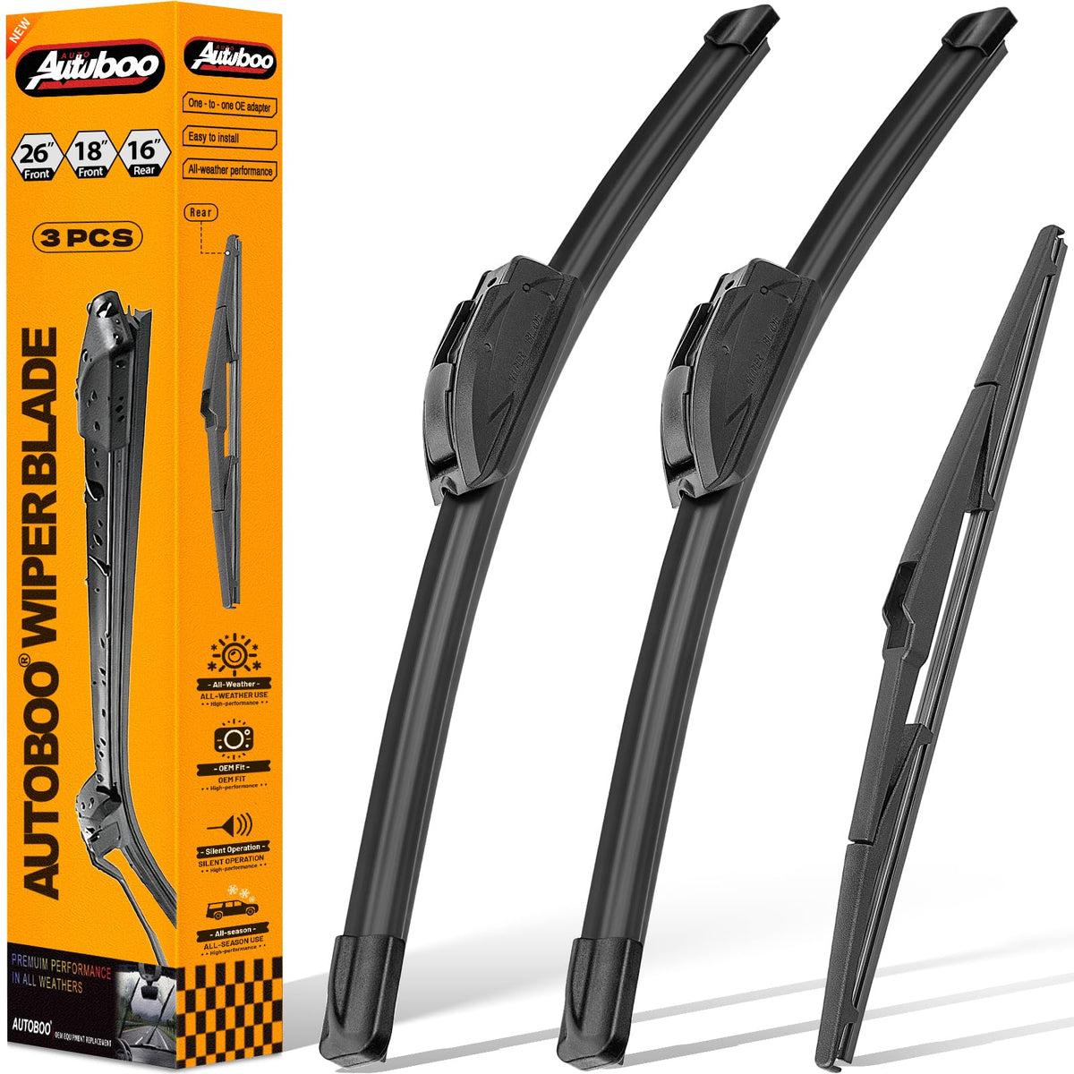 AUTOBOO front packaging showing complete 3-piece Prius wiper set and benefits
