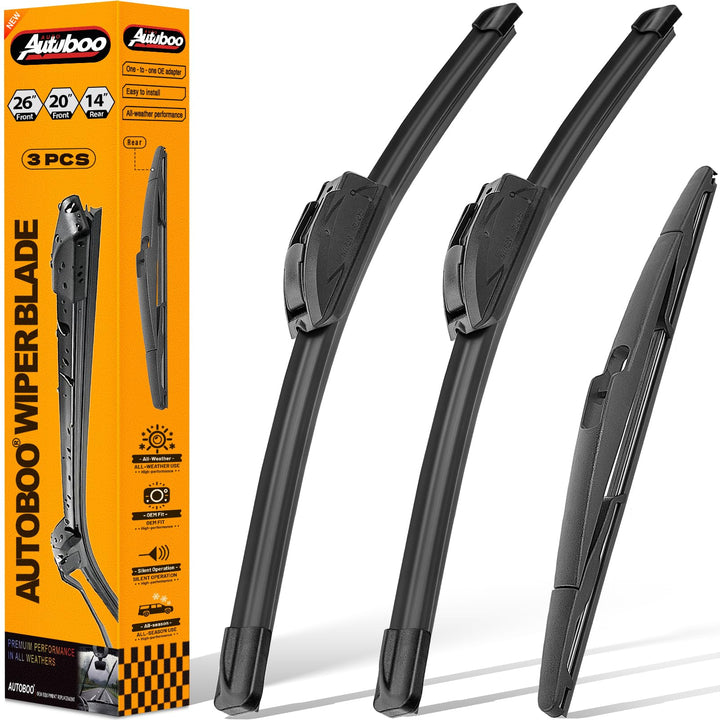 AUTOBOO product packaging showing complete three-piece wiper kit, easy selection benefit