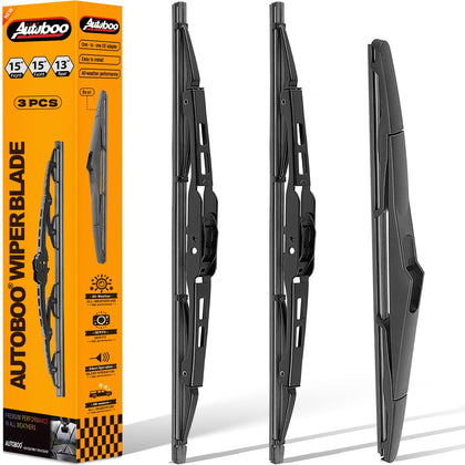AUTOBOO packaging showing full front and rear wiper kit, clear compatibility