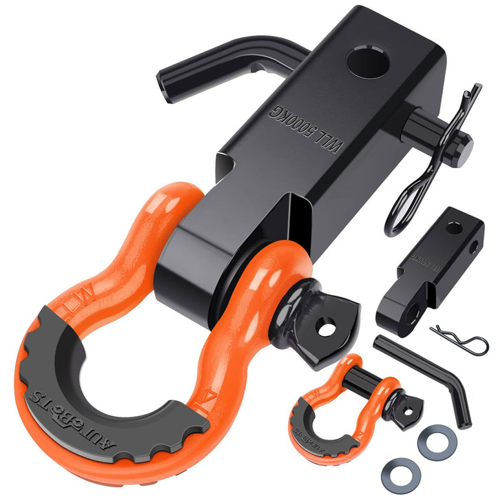 AUTOBOTS front view of 2 inch shackle hitch showing bright orange finish and robust construction for visibility