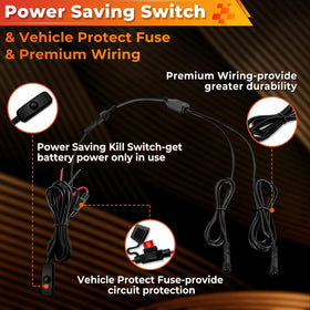Auto Buero wiring harness with switch illustrating easy installation benefit