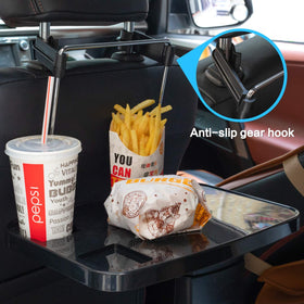 AutoChoice tray hung on steering wheel delivering a compact workspace while parked