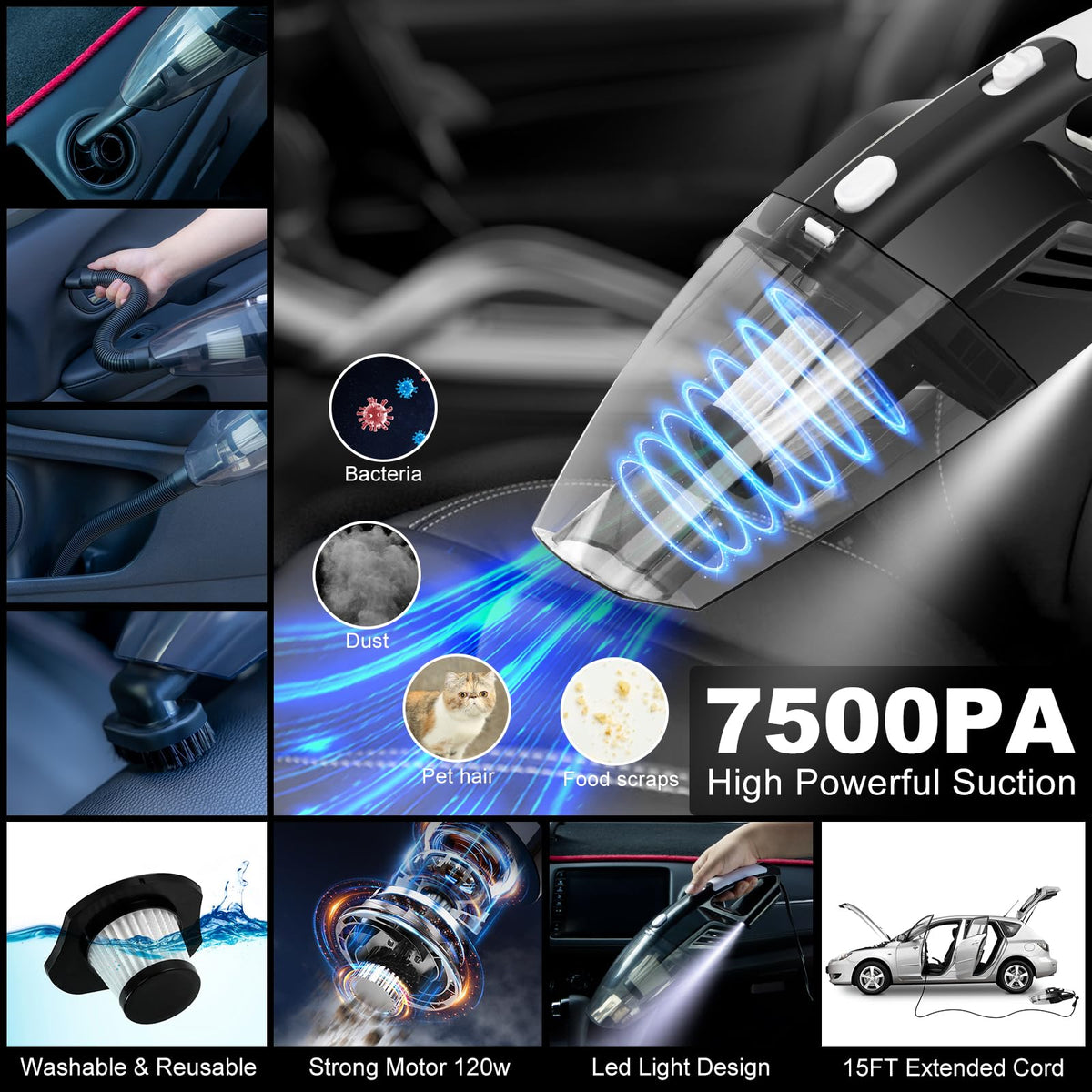 AUTODECO corded vacuum with attachments cleaning seats and tight crevices