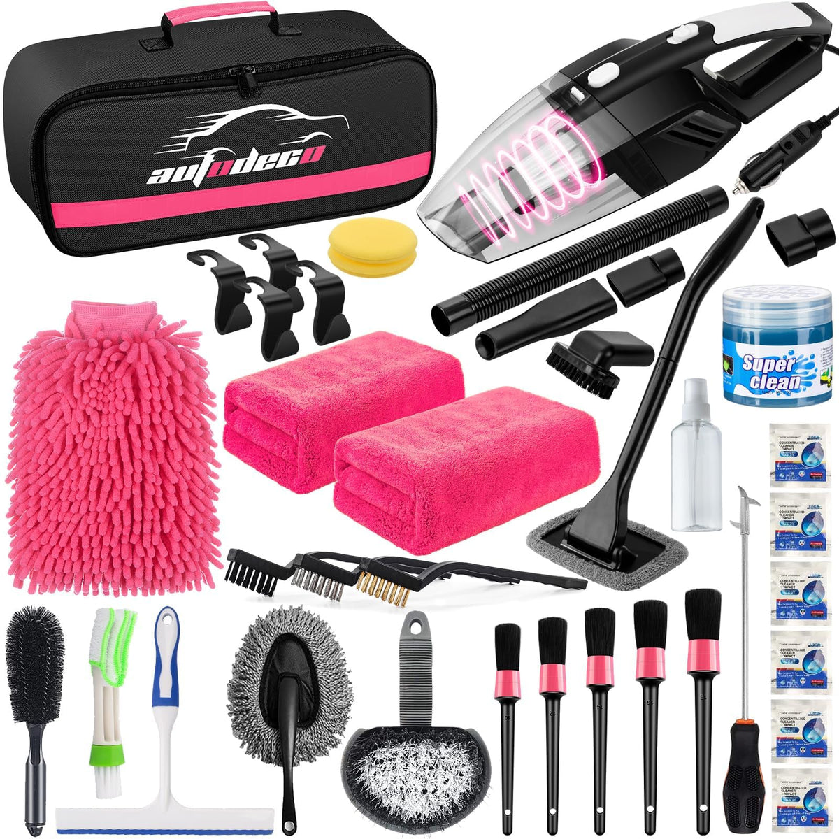 AUTODECO kit front view showing full 39-piece set and storage bag benefit