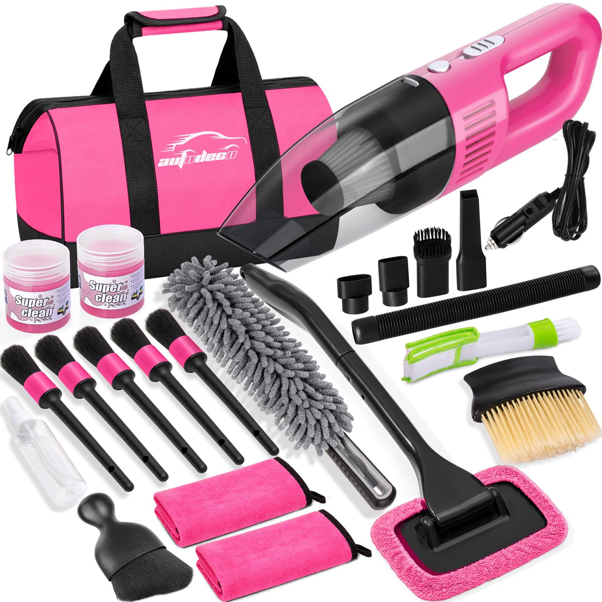 AUTODECO front packaging showing the pink car cleaning kit and benefits of portability