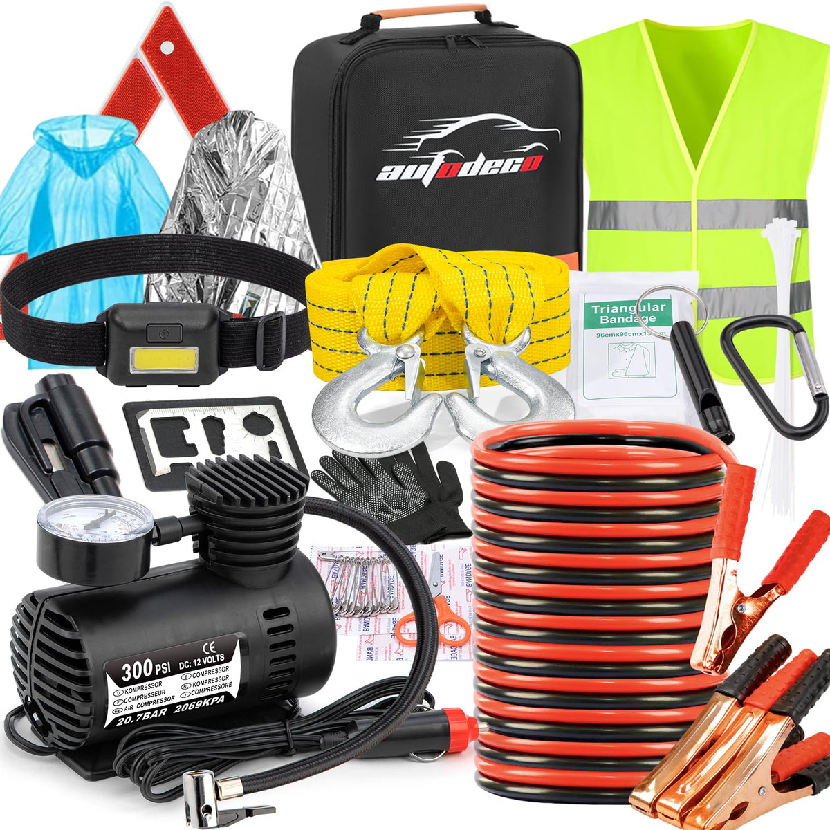 AUTODECO front view of compact emergency kit bag showing organized pockets and handles for quick access