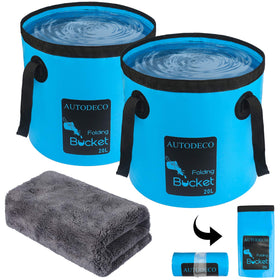 AUTODECO front view of two blue collapsible buckets showing compact package and towel benefit