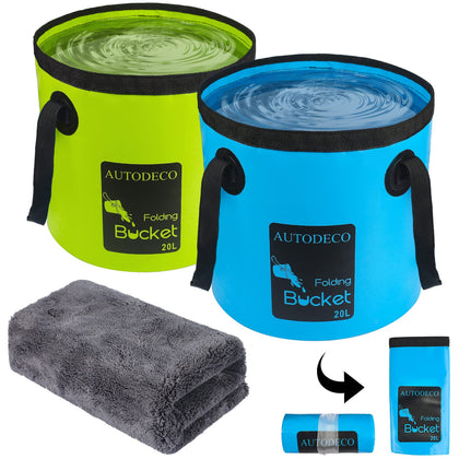 AUTODECO front view of blue and green collapsible buckets showing compact storage benefit