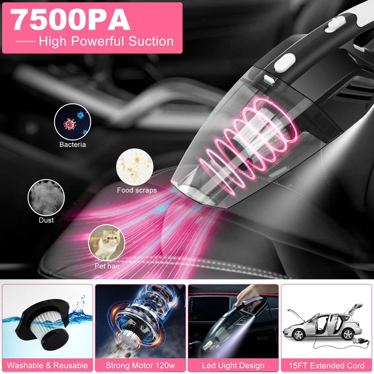 AUTODECO handheld vacuum close-up highlighting powerful suction and cord for deep cleaning