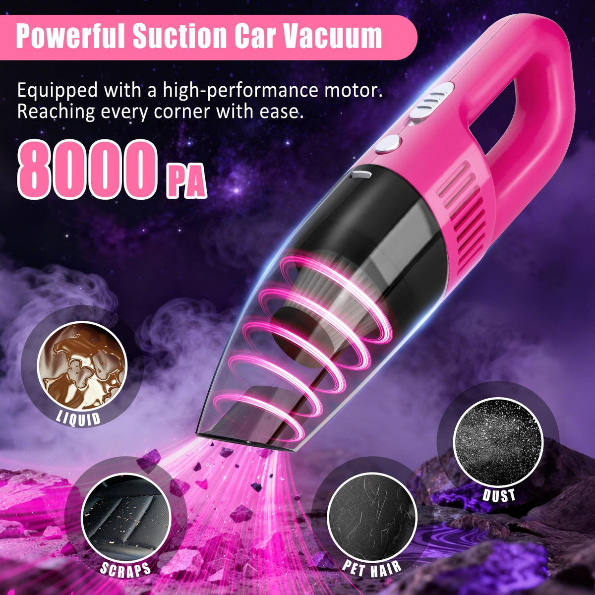 AUTODECO handheld vacuum close-up highlighting strong suction and compact design