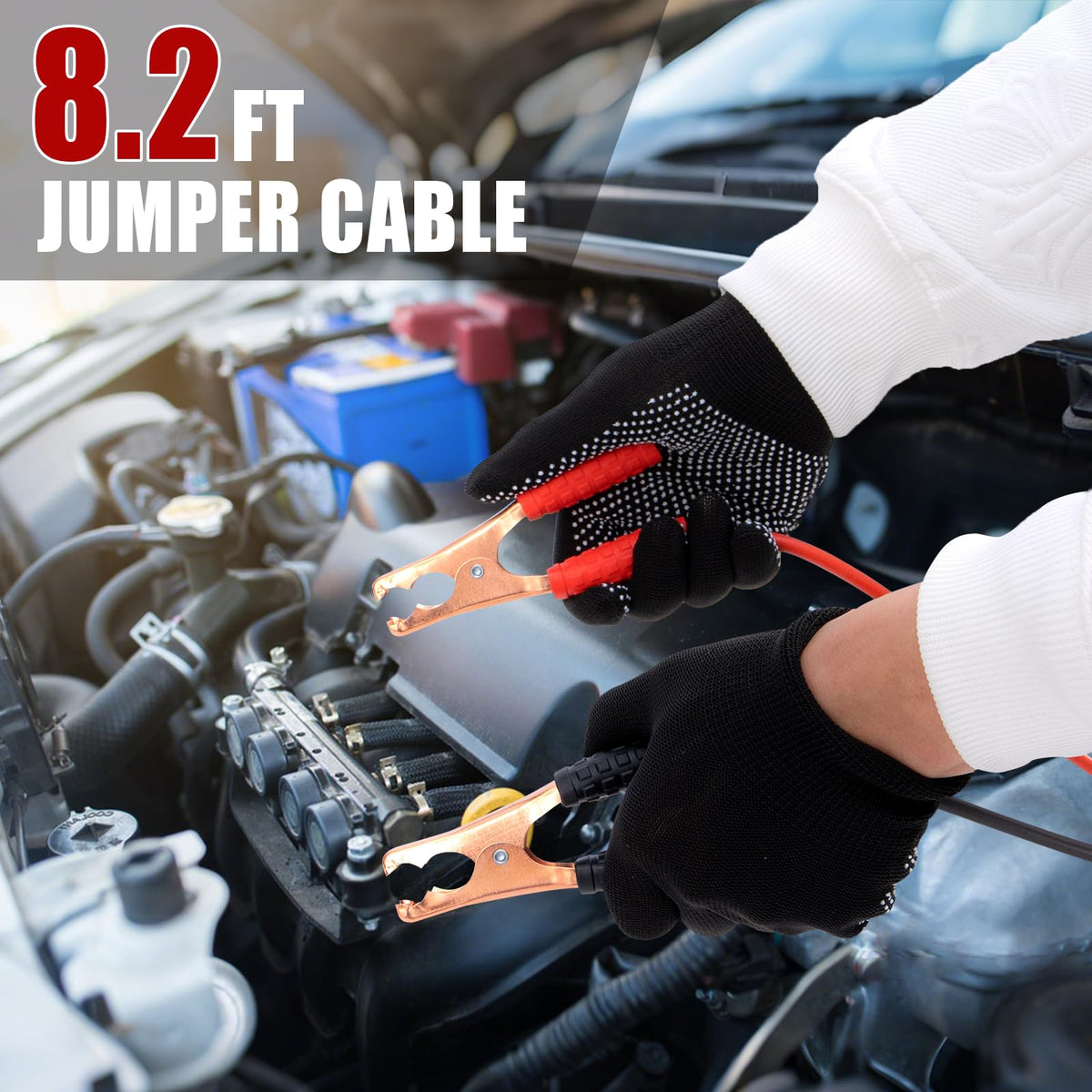AUTODECO close-up of copper-core jumper cables demonstrating reliable conductivity for quick jump starts
