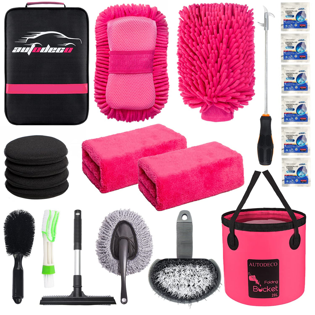 AUTODECO kit front layout showing all 22 pieces for complete cleaning