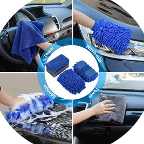 AUTODECO microfiber towels and sponge shown absorbing water quickly