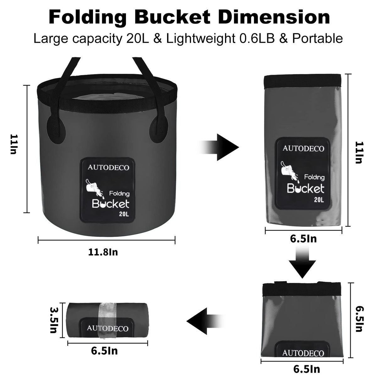 AUTODECO open bucket filled with water demonstrating stable 20L capacity