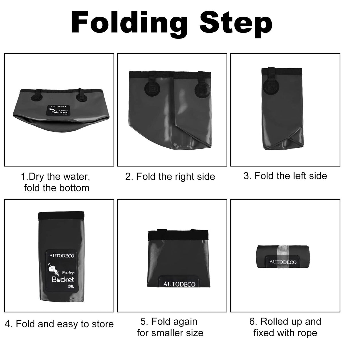 AUTODECO rolled-up bucket pocket-size highlighting easy storage benefit