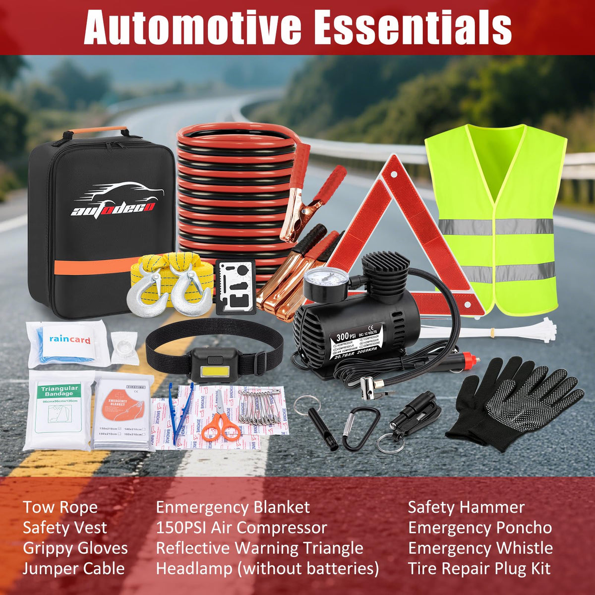 AUTODECO safety hammer and tools arranged to show escape and basic repair readiness on the road