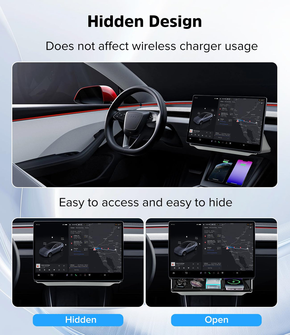 Autodecor 1Up installed in a Tesla Model 3 keeping dashboard tidy and accessible