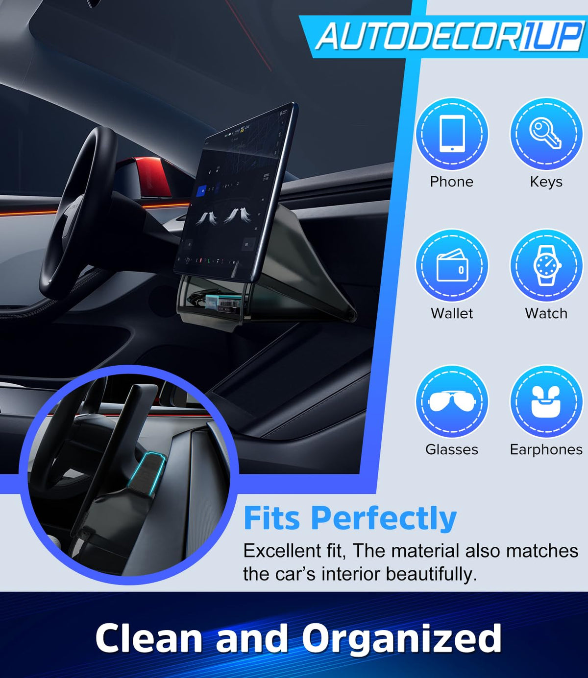 Autodecor 1Up in a Model Y lifestyle shot showing discreet storage convenience