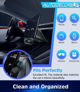 Autodecor 1Up in a Model Y lifestyle shot showing discreet storage convenience