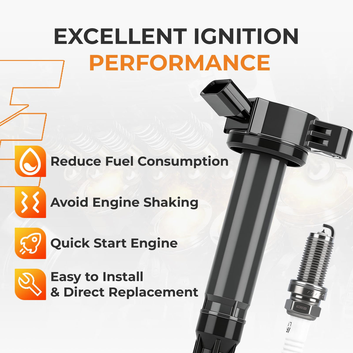 Autoexact iridium spark plug closeup highlighting fine-wire tip for efficient combustion