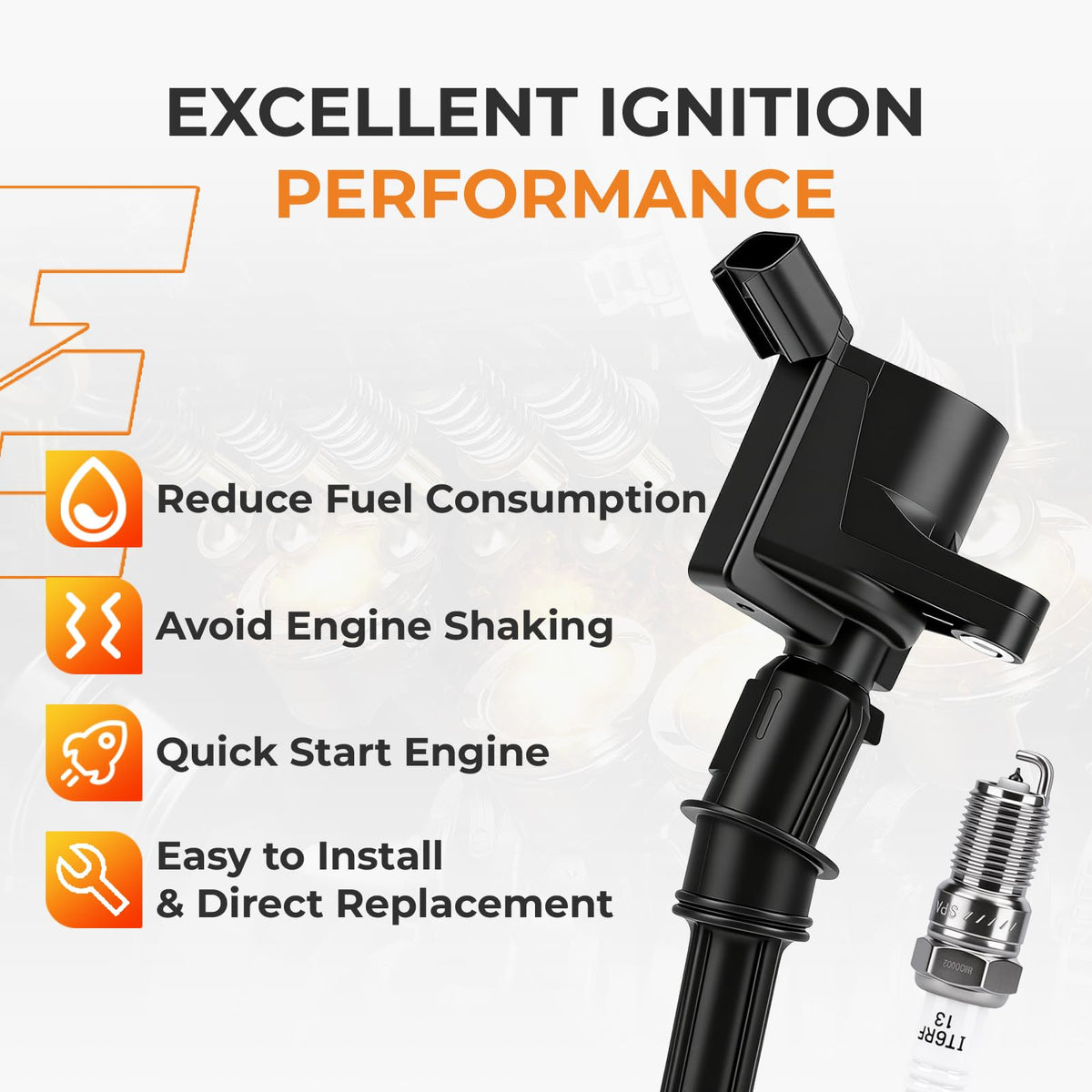 Autoexact ignition coil close-up highlighting durable epoxy potting and heat resistance