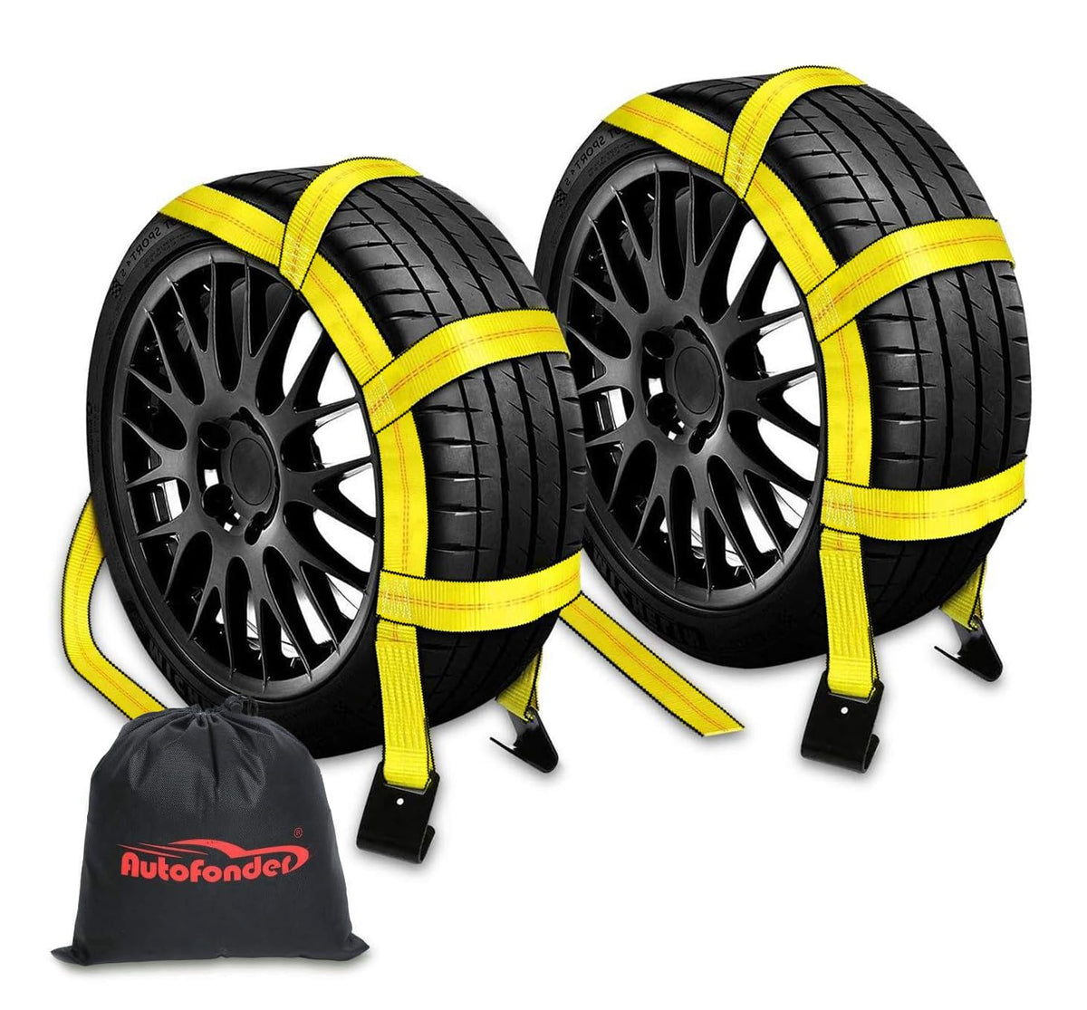 Autofonder front packaging showing two basket straps and flat hooks for secure towing