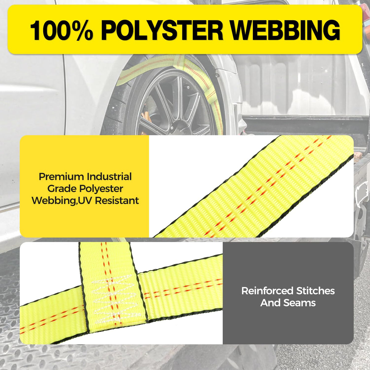 Autofonder straps installed on a tow dolly demonstrating secure wheel cradle during transport