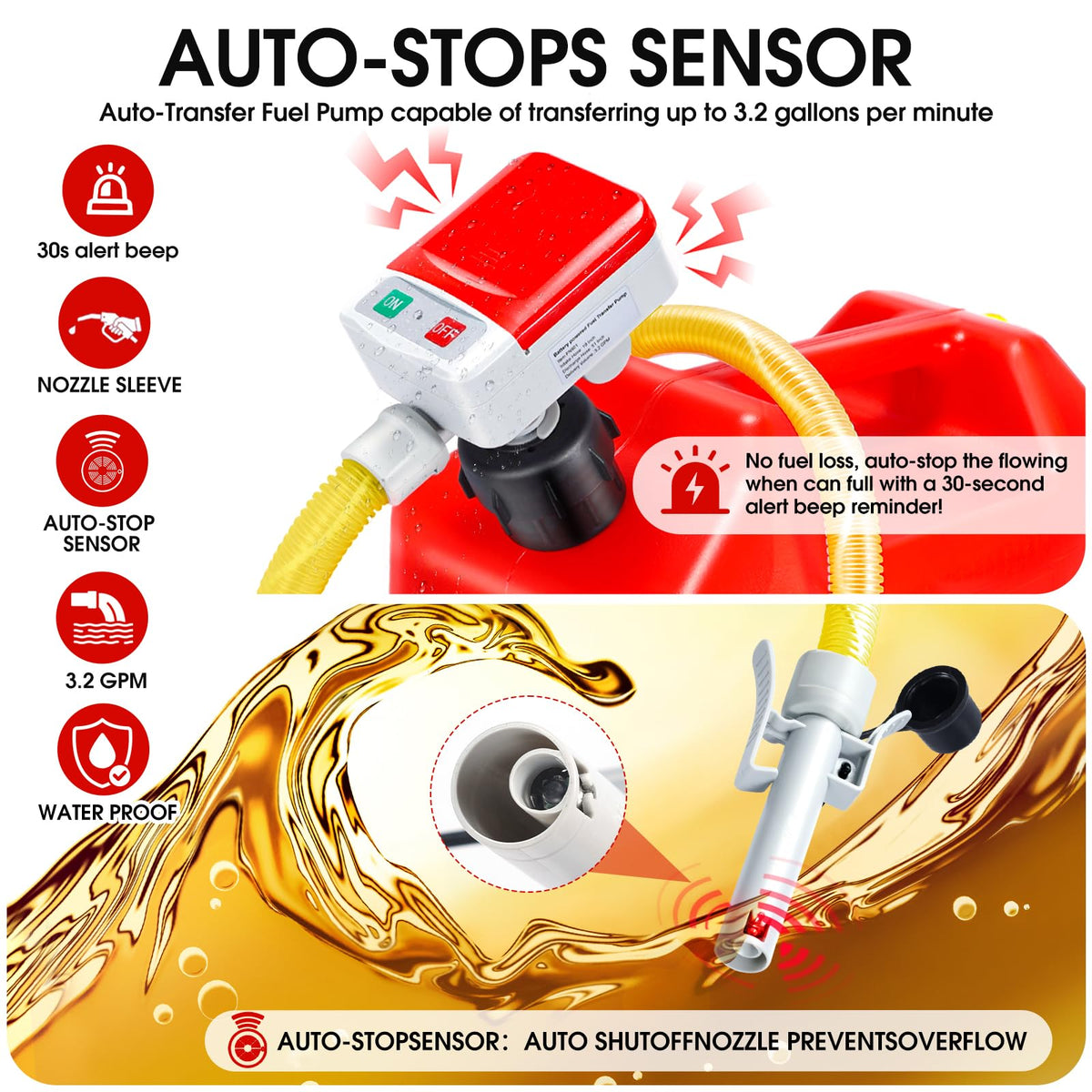 AUTOJDM close-up of nozzle auto-stop sensor preventing overfill and spills
