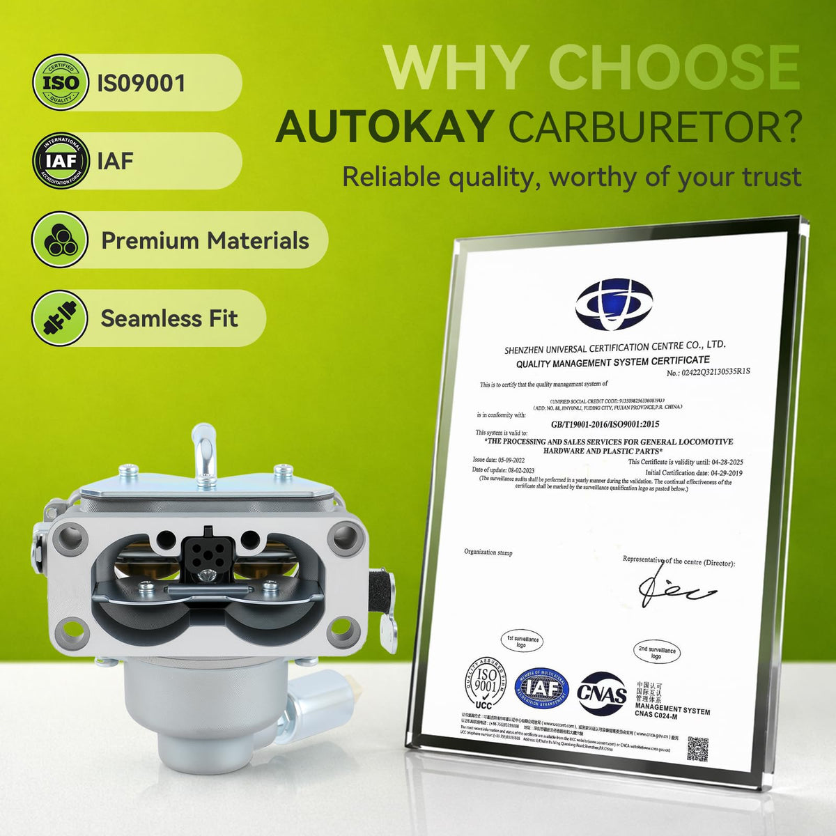 AUTOKAY carburetor with mower in garage illustrating ready-to-install maintenance kit