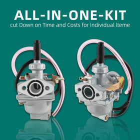 AUTOKAY carburetor next to a 50cc cylinder showing scale for correct sizing