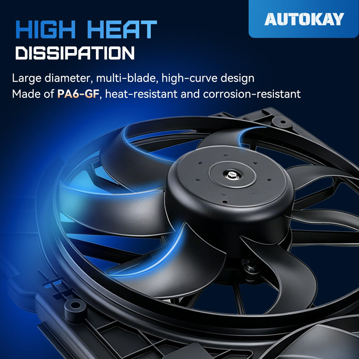 AUTOKAY close-up of fan blades highlighting balanced design for improved airflow