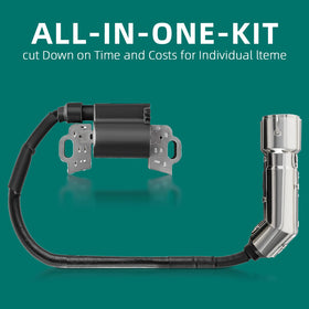 AUTOKAY ignition coil in mower repair scene showing easy homeowner installation benefit