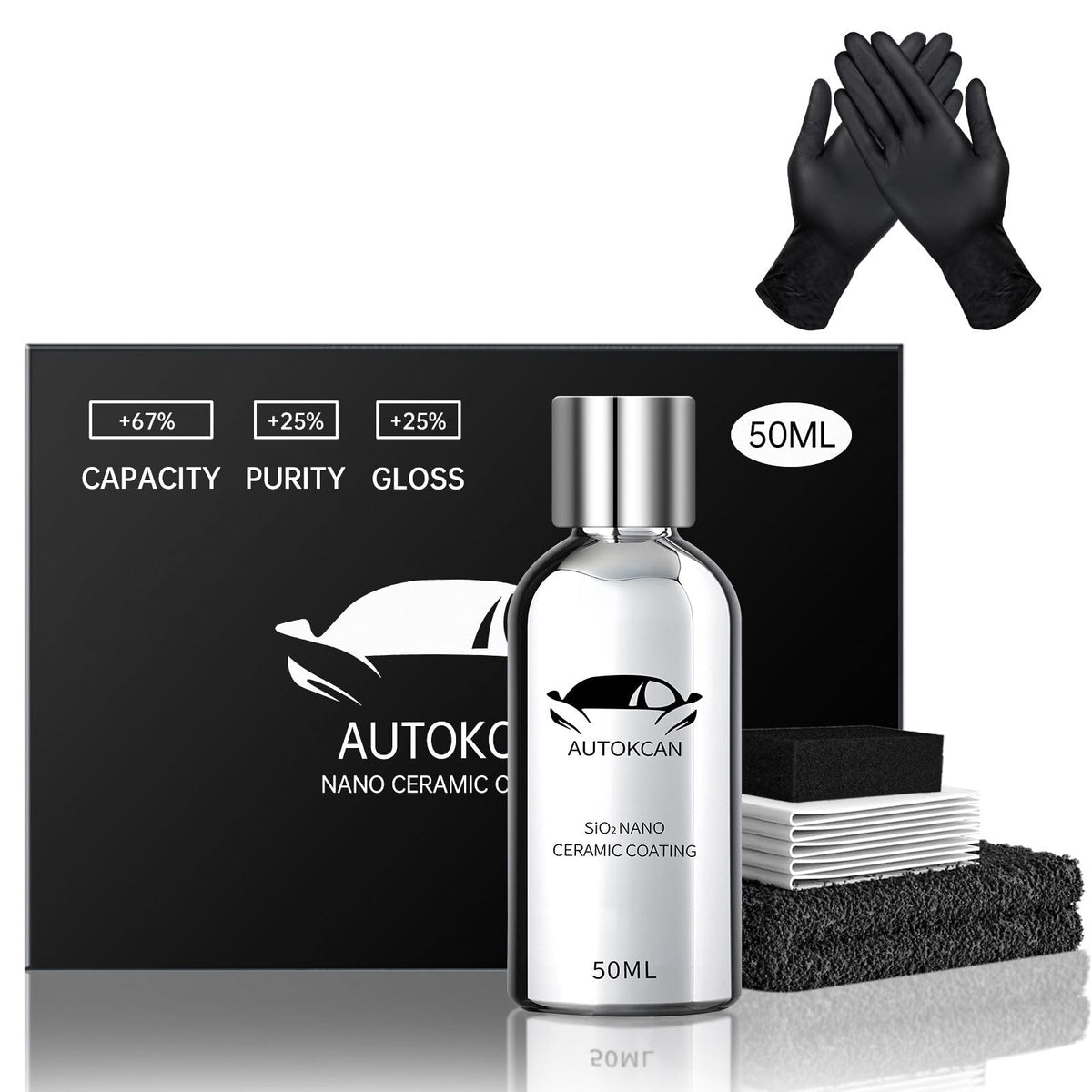 Autokcan kit with 50ml bottle and accessories showing compact size and coverage benefit