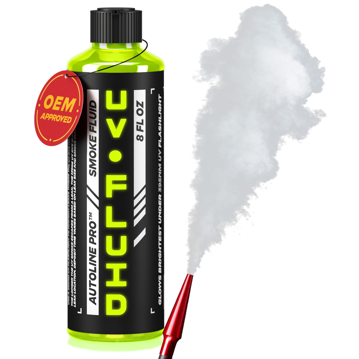 AutoLine Pro fluid bottle closeup highlighting high-density smoke formulation