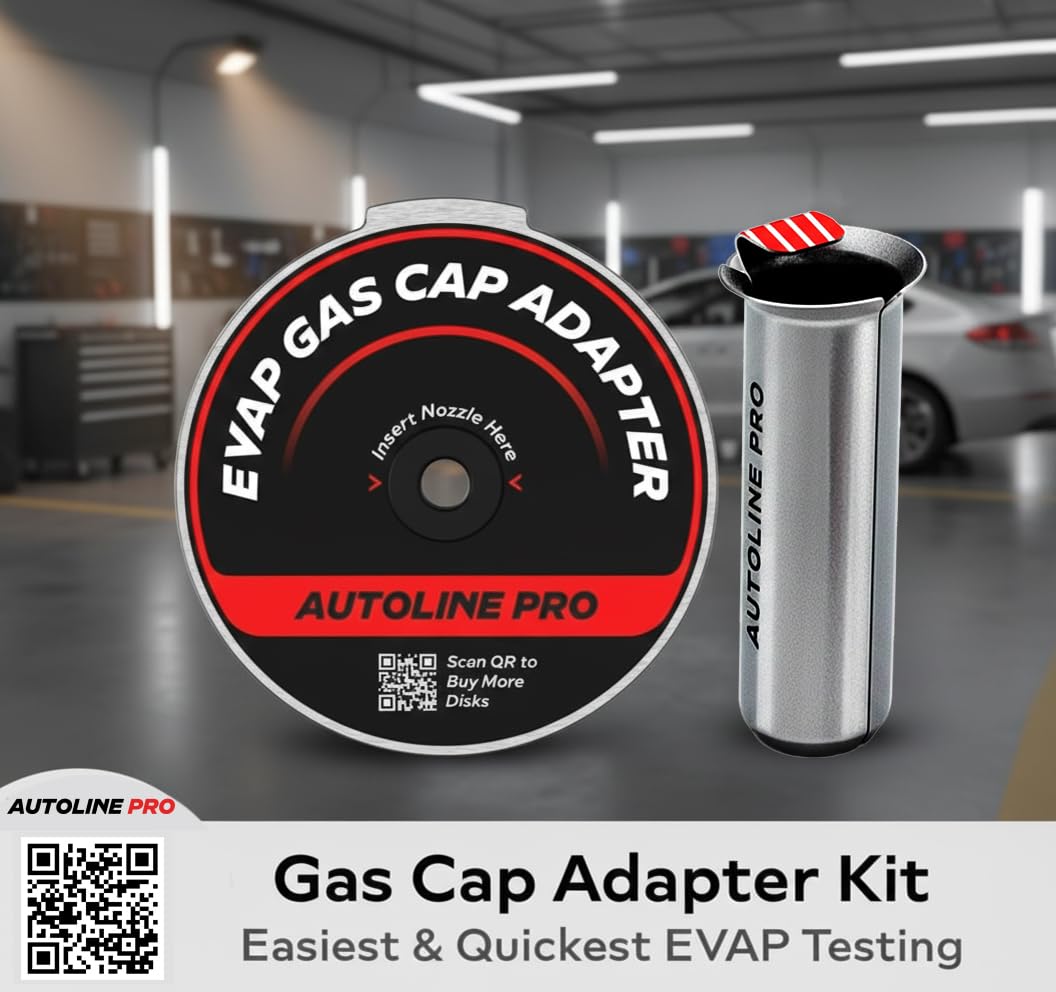 AutoLine Pro gas cap adapter connected for safe EVAP system pressurization and testing