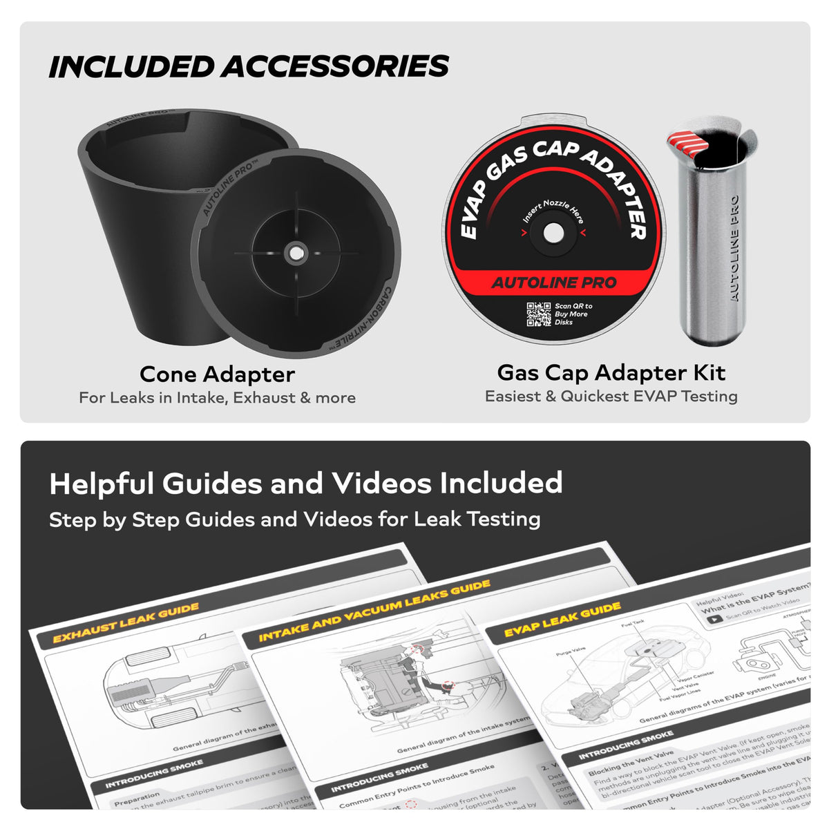 AutoLine Pro HyperSmoke accessories layout with adapters and hook, versatile connection options
