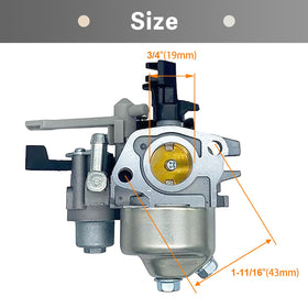 Automost HUAYI carburetor mounting hole detail showing 43mm spacing benefit: ensures bolt alignment